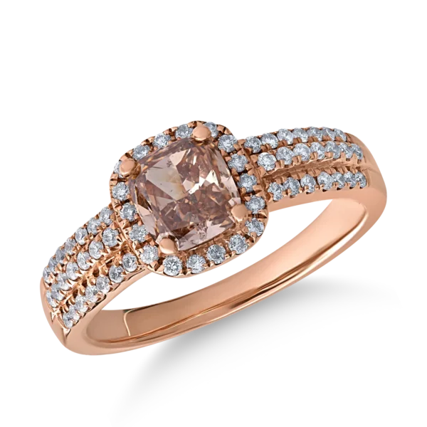 Inel din aur roz cu diamant maro cushion de 1ct si diamante transparente de 0.3ct