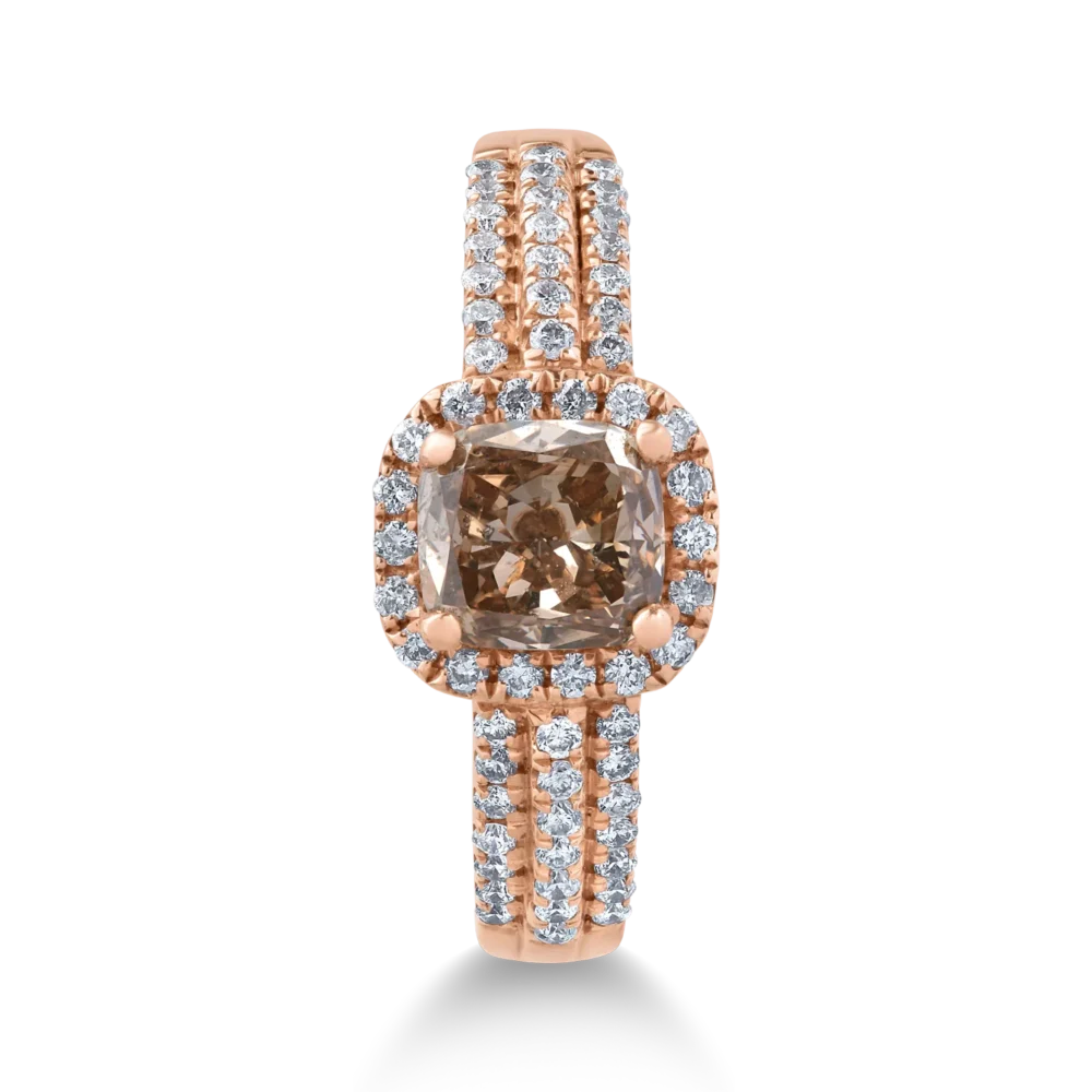 Inel din aur roz cu diamant maro cushion de 1ct si diamante transparente de 0.3ct - imagine 3