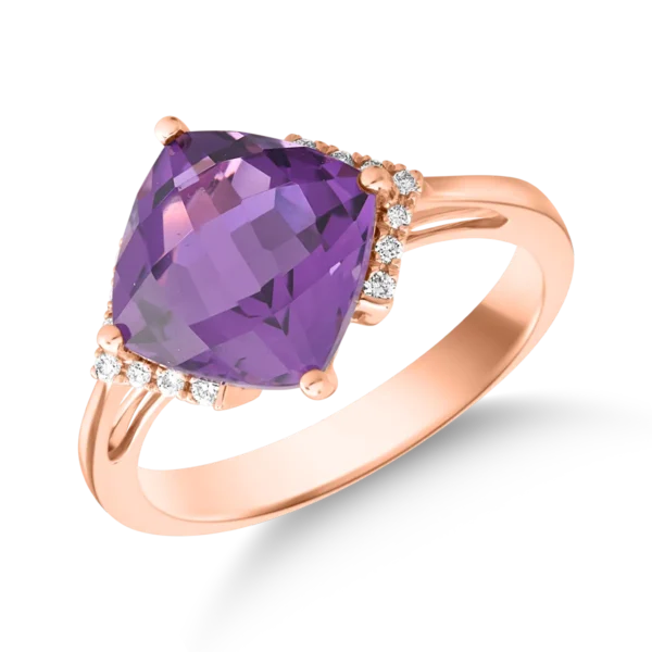 Inel din aur roz cu ametist cushion de 3.3ct si diamante de 0.08ct