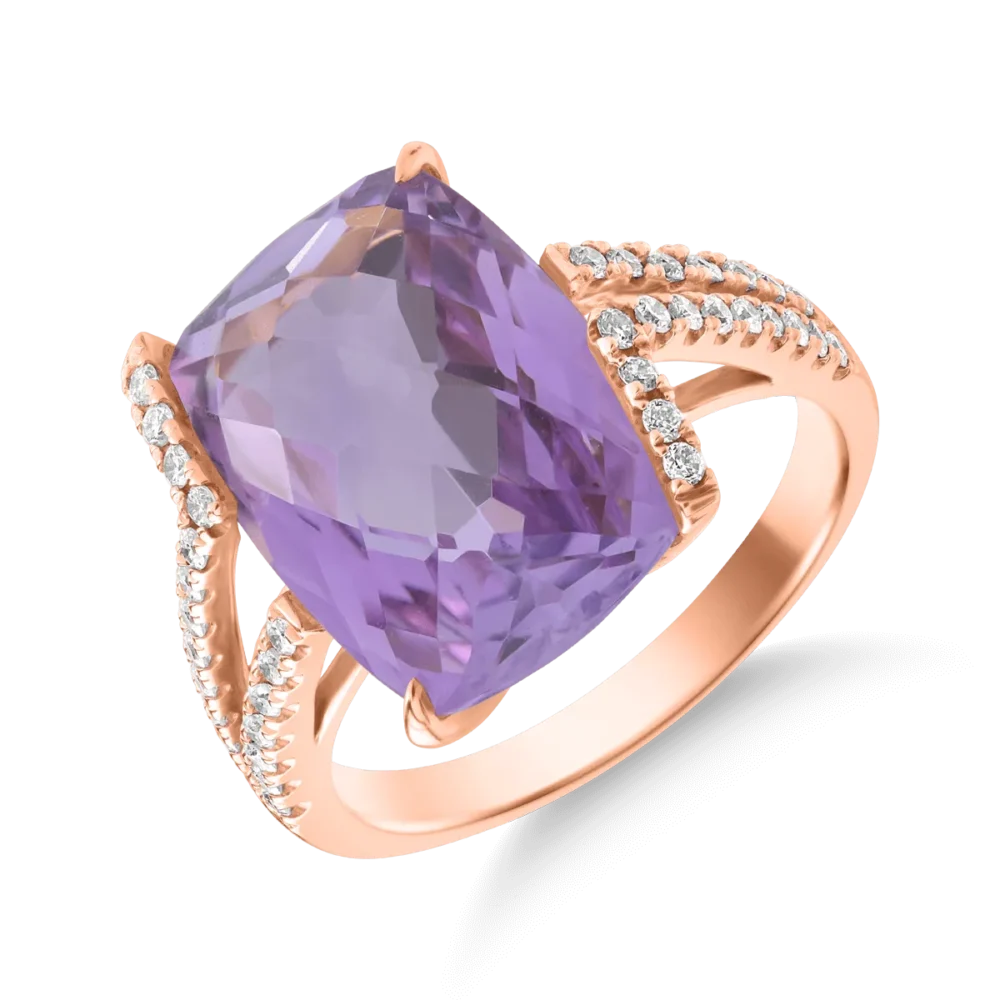 Inel din aur roz cu ametist roz cushion de 7.6ct si diamante de 0.2ct