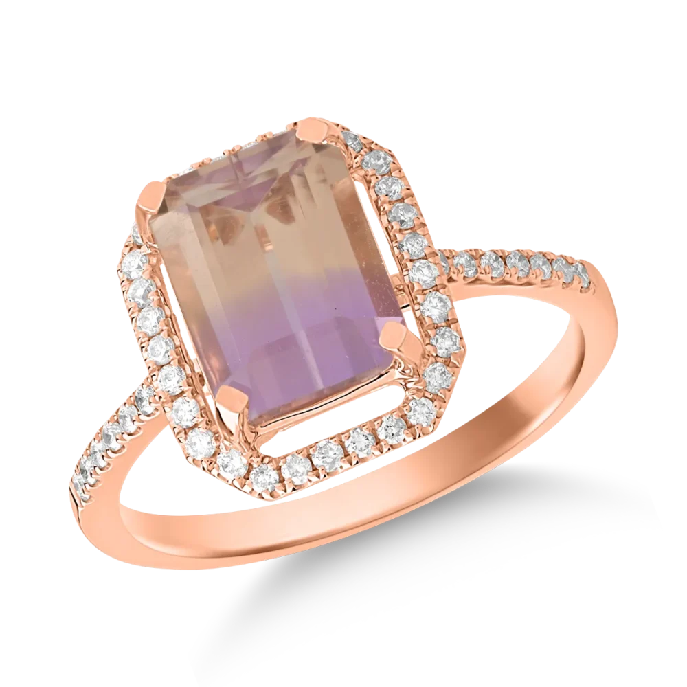 Inel din aur roz cu ametrin octogonal de 2.3ct si diamante de 0.2ct