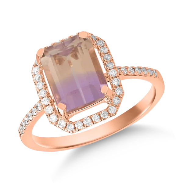 Inel din aur roz cu ametrin octogonal de 2.3ct si diamante de 0.2ct