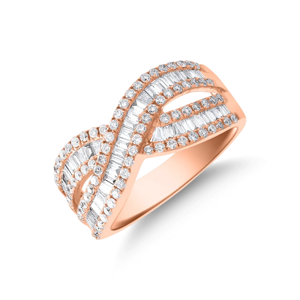 Inel din aur roz cu diamante baguette si rotunde de 0.9ct