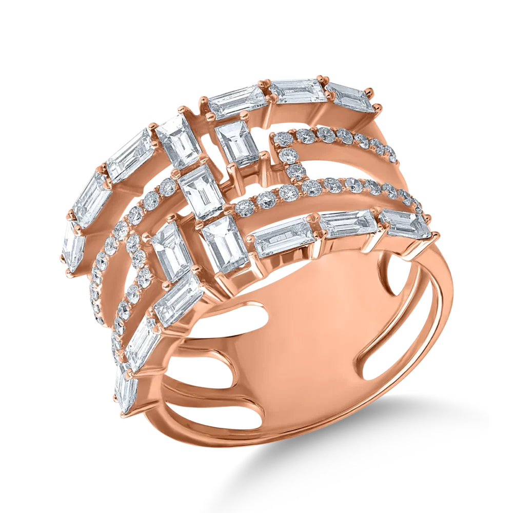 Inel din aur roz cu diamante baguette si rotunde de 1.6ct