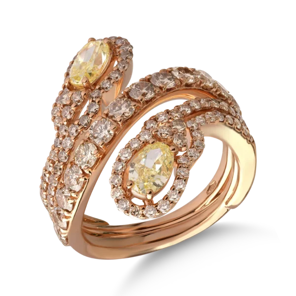 Inel din aur roz cu diamante fancy galbene ovale de 1ct si diamante maro de 1.9ct