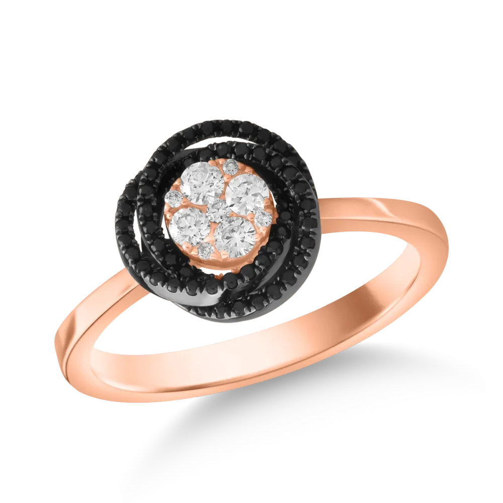 Inel din aur roz cu diamante transparente de 0.16ct si diamante negre de 0.15ct