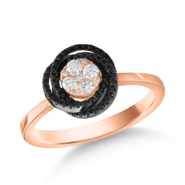 Inel din aur roz cu diamante transparente de 0.16ct si diamante negre de 0.15ct