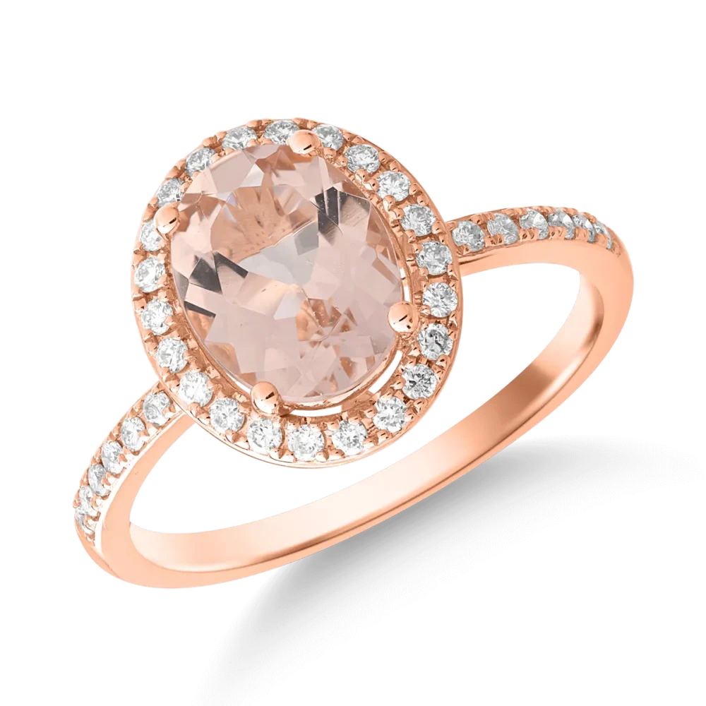 Inel din aur roz cu morganit oval de 1.7ct si diamante de 0.3ct