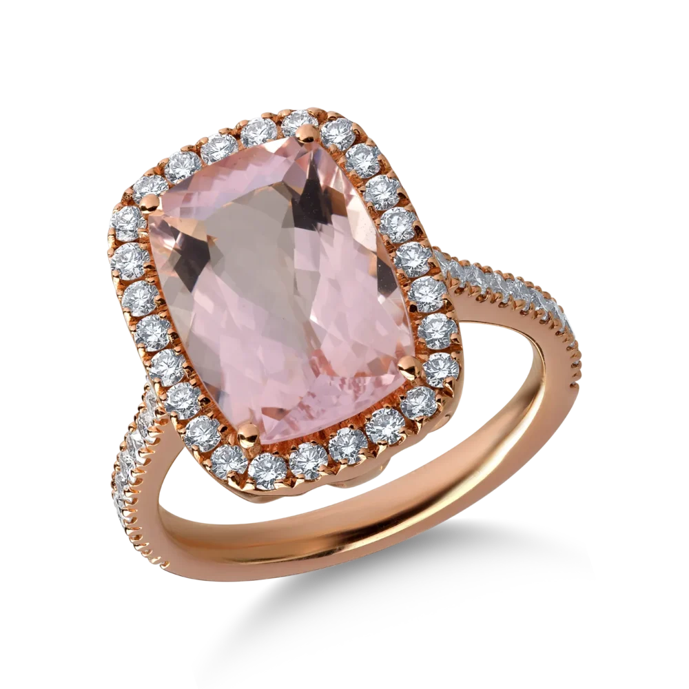 Inel din aur roz cu morganit cushion de 4.3ct si diamante de 0.6ct