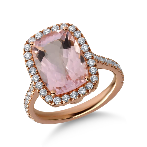 Inel din aur roz cu morganit cushion de 4.3ct si diamante de 0.6ct