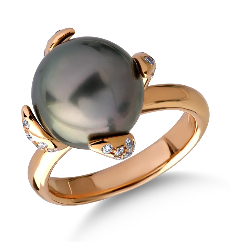 Inel din aur roz cu perla de cultura de 11.77ct si diamante de 0.36ct