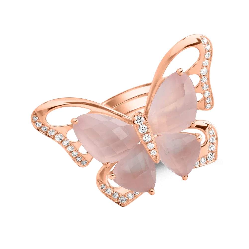 Inel din aur roz cu quartz trandafiriu de 11.4ct si diamante de 0.37ct