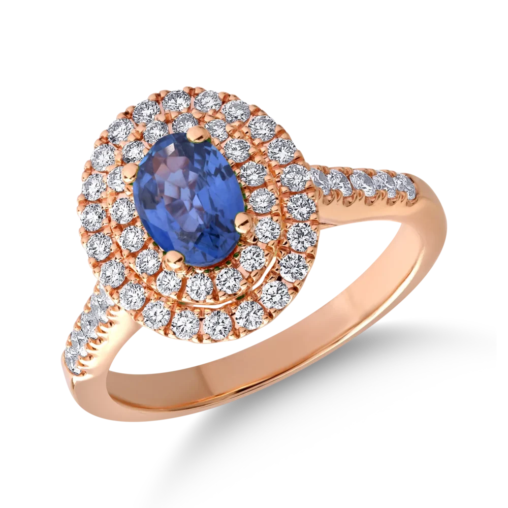 Inel din aur roz cu safir oval de 0.7ct si diamante de 0.6ct
