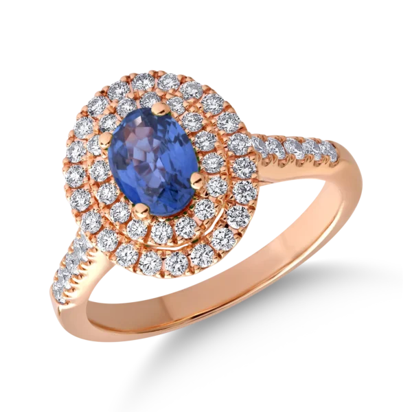 Inel din aur roz cu safir oval de 0.7ct si diamante de 0.6ct