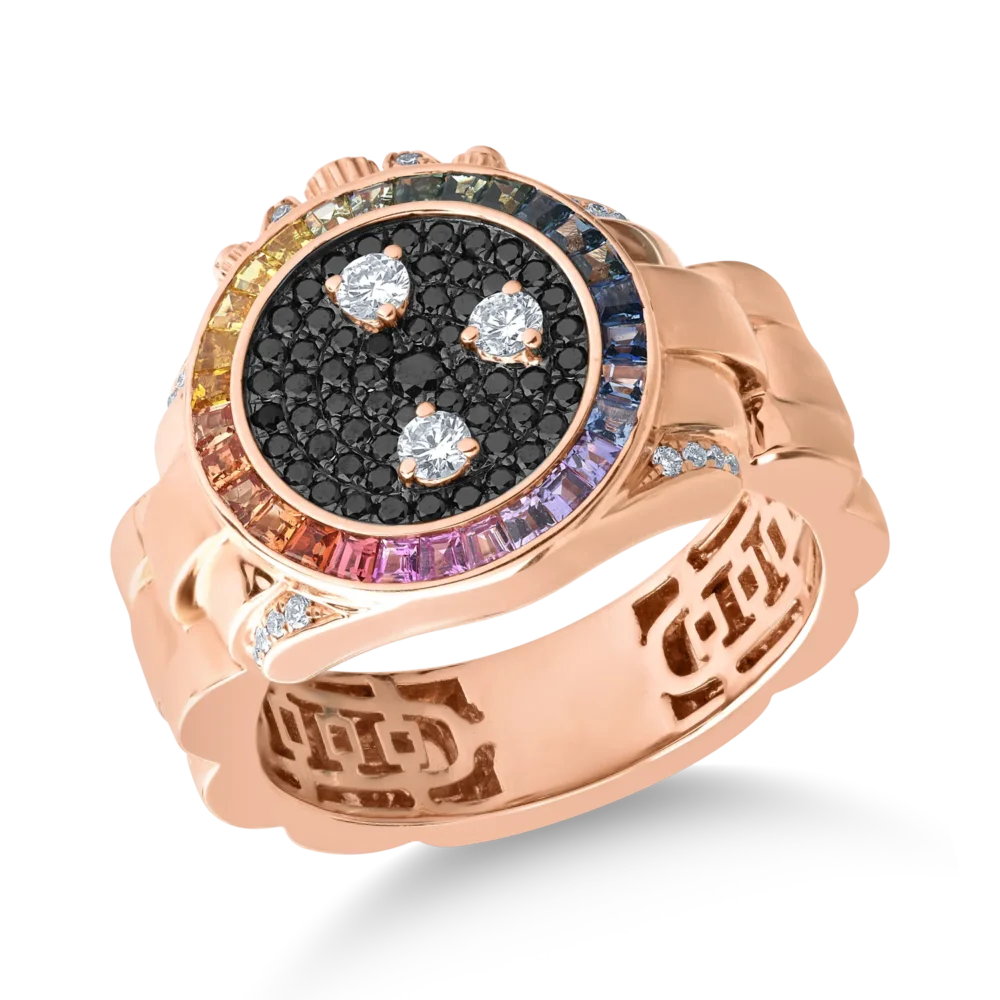 Inel din aur roz cu safire multicolore de 0.71ct si diamante de 0.5ct