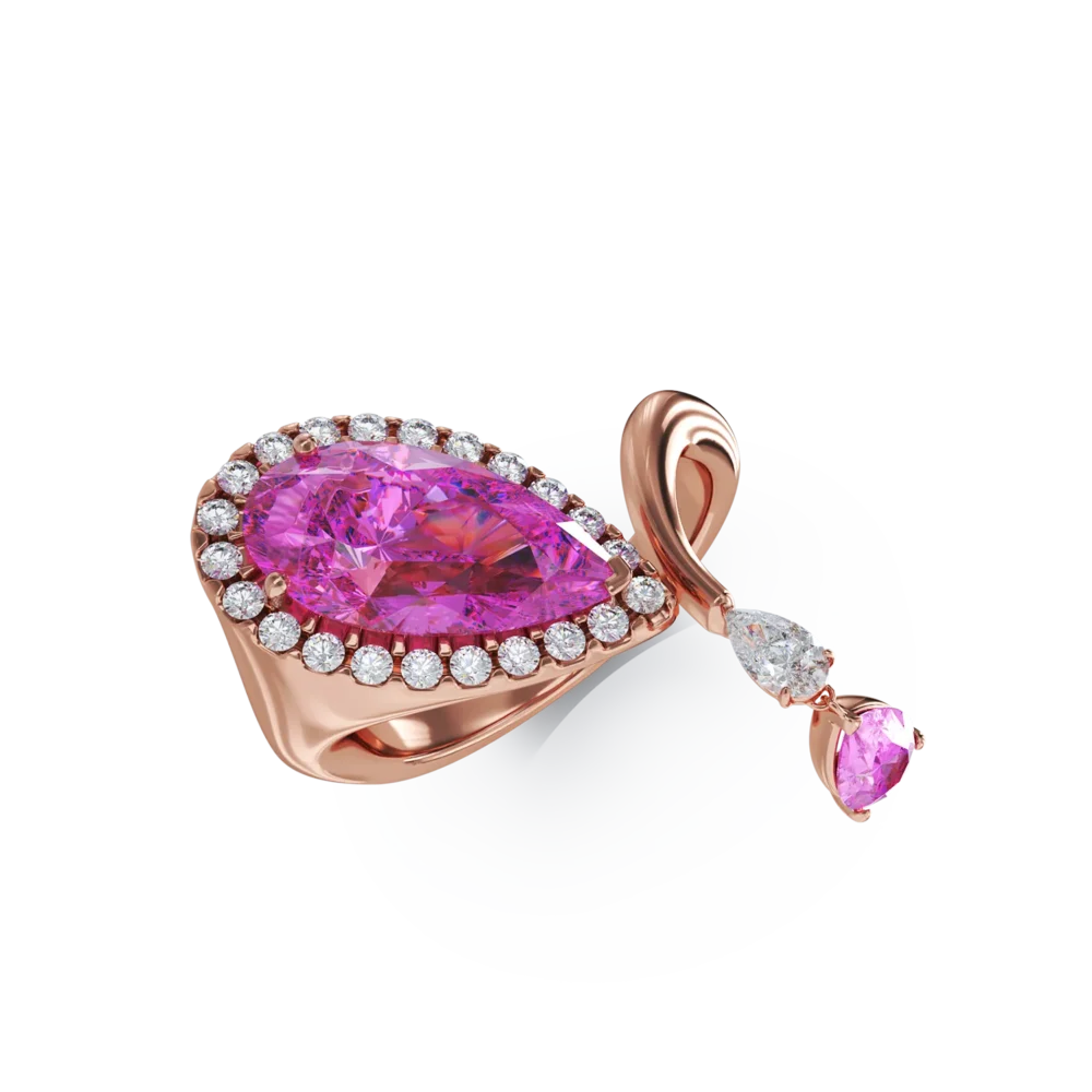 Inel din aur roz cu safire roz pear de 4.33ct si diamante pear si rotunde de 0.47ct