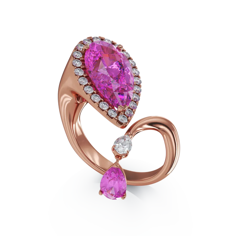 Inel din aur roz cu safire roz pear de 4.33ct si diamante pear si rotunde de 0.47ct - imagine 2