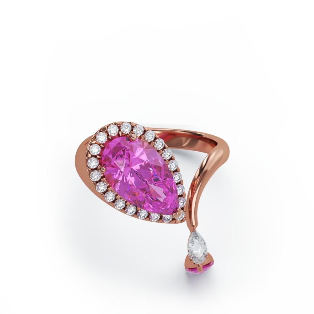 Inel din aur roz cu safire roz pear de 4.33ct si diamante pear si rotunde de 0.47ct - imagine 3