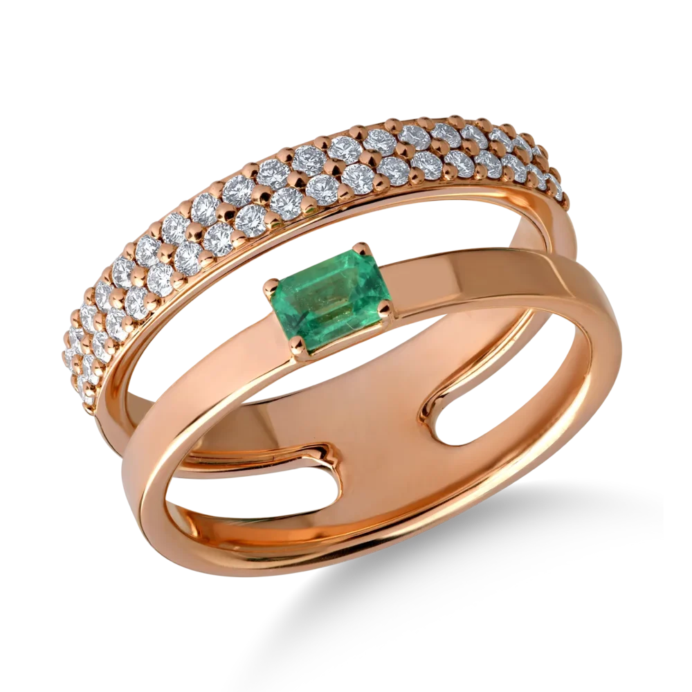 Inel din aur roz cu smarald baguette de 0.2ct si diamante de 0.3ct
