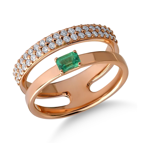 Inel din aur roz cu smarald baguette de 0.2ct si diamante de 0.3ct