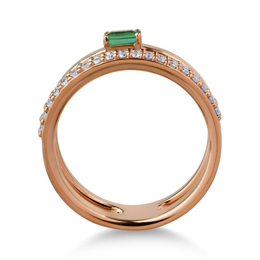 Inel din aur roz cu smarald baguette de 0.2ct si diamante de 0.3ct - imagine 2