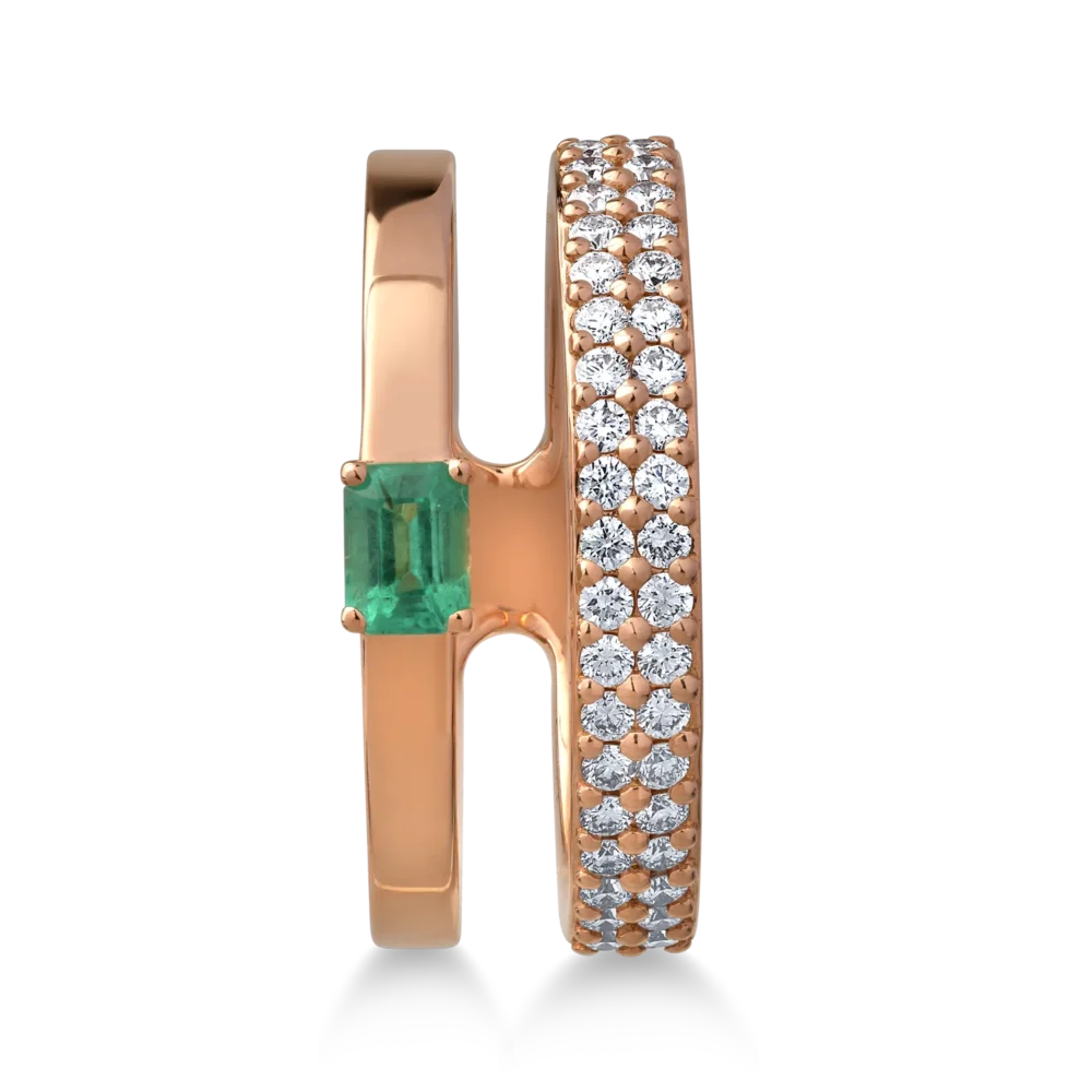 Inel din aur roz cu smarald baguette de 0.2ct si diamante de 0.3ct - imagine 3