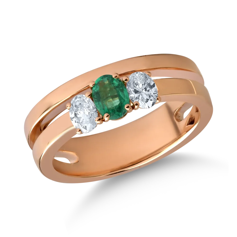 Inel din aur roz cu smarald oval de 0.2ct si diamante de 0.3ct