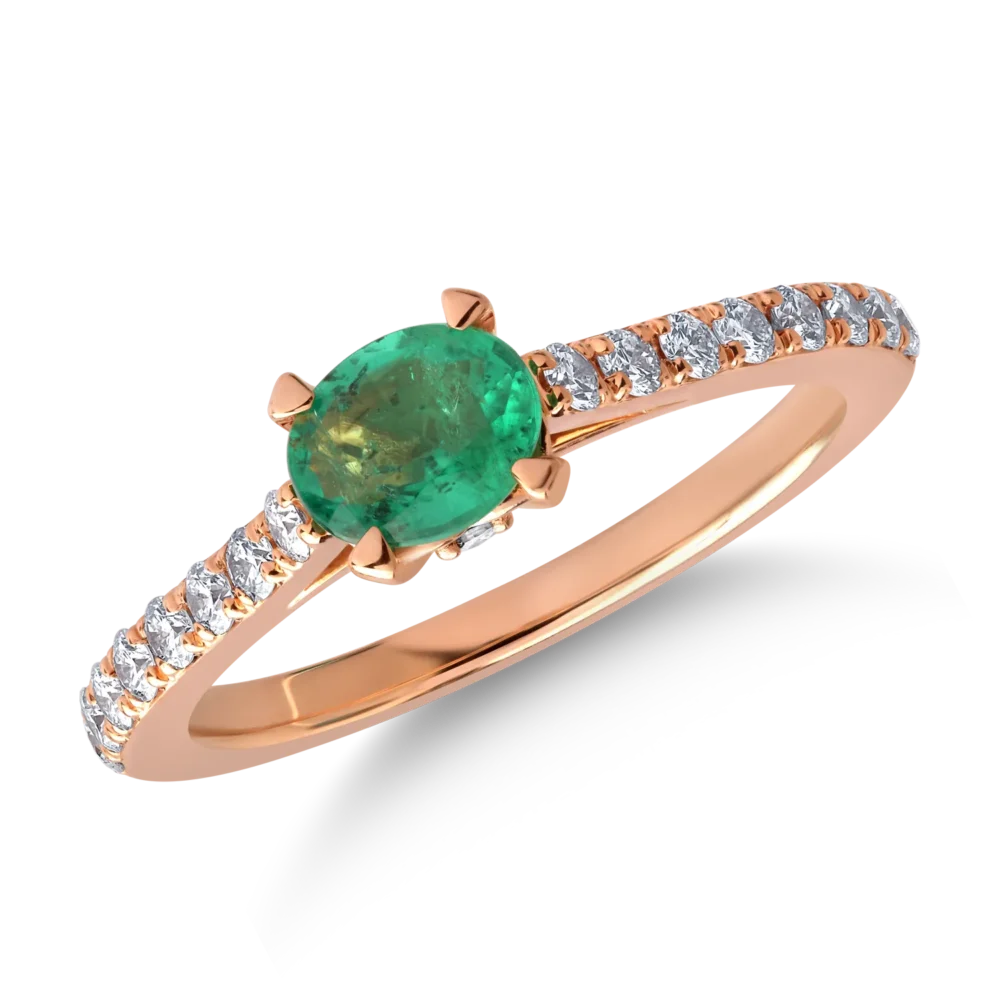 Inel din aur roz cu smarald oval de 0.5ct si diamante de 0.3ct