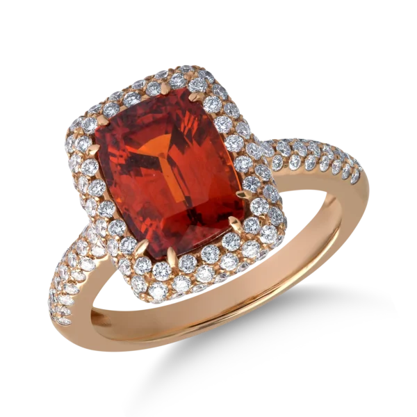 Inel din aur roz cu spessartit rectangular de 4.2ct si diamante de 0.8ct