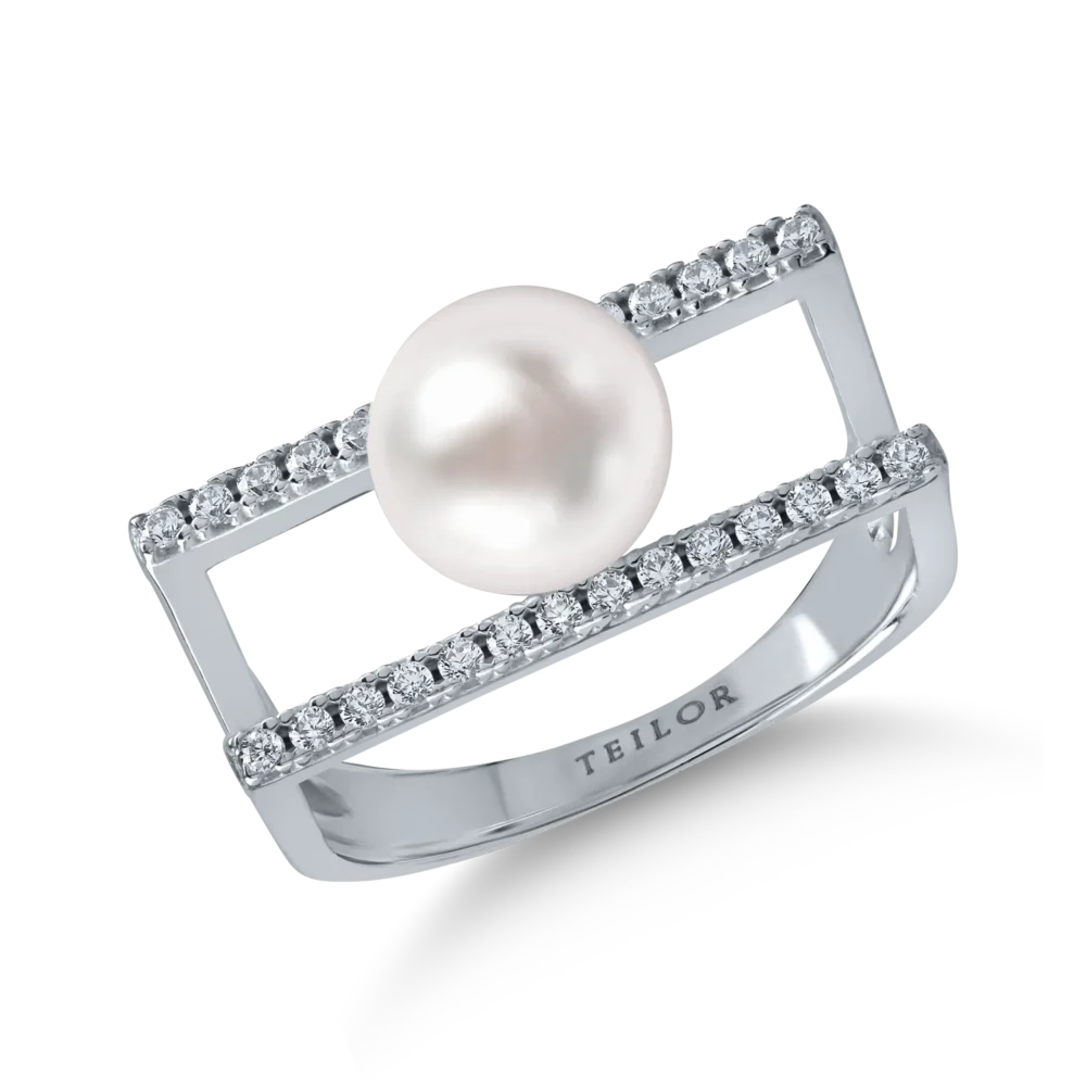 Inel dublu din aur alb cu perla sintetica si zirconii