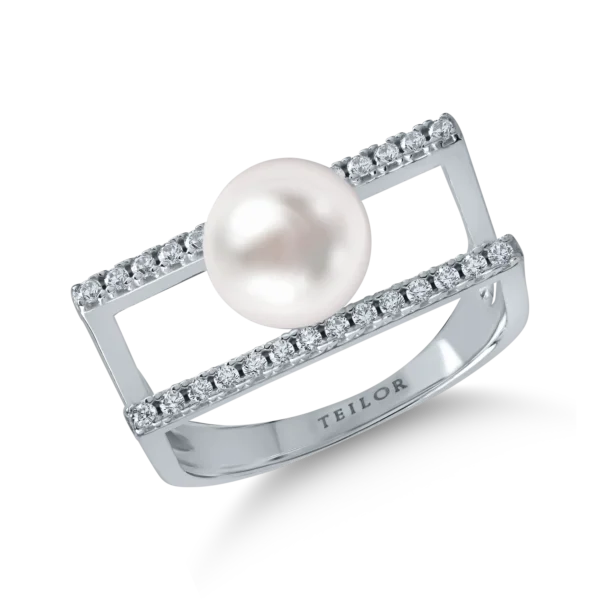 Inel dublu din aur alb cu perla sintetica si zirconii