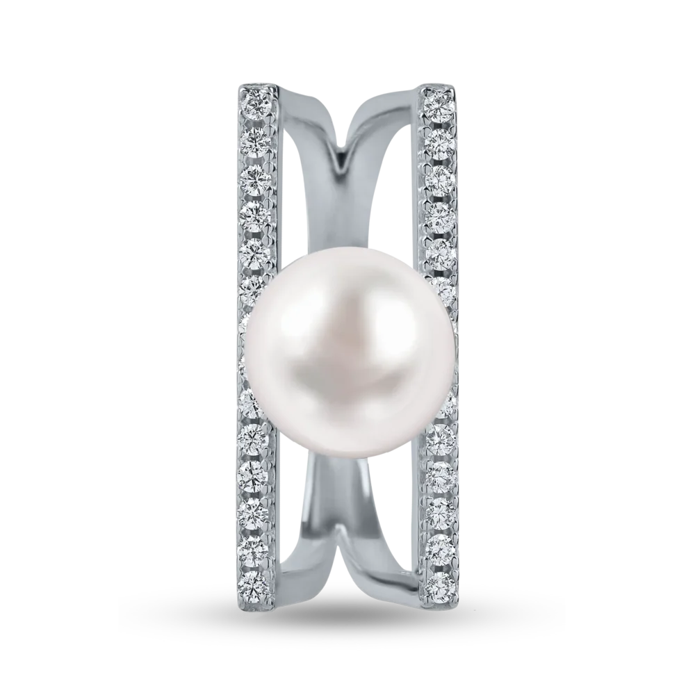 Inel dublu din aur alb cu perla sintetica si zirconii - imagine 2