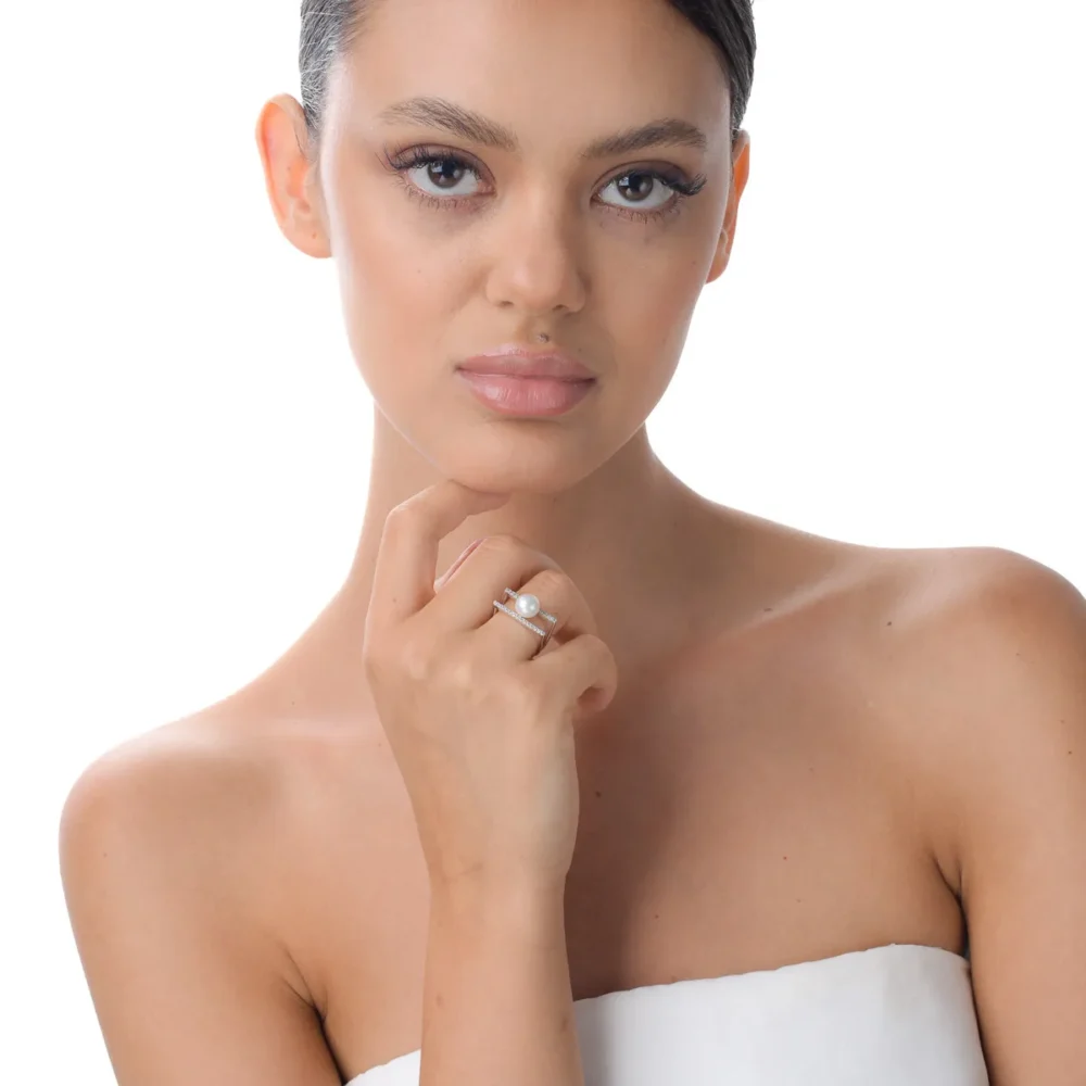 Inel dublu din aur alb cu perla sintetica si zirconii - imagine 3