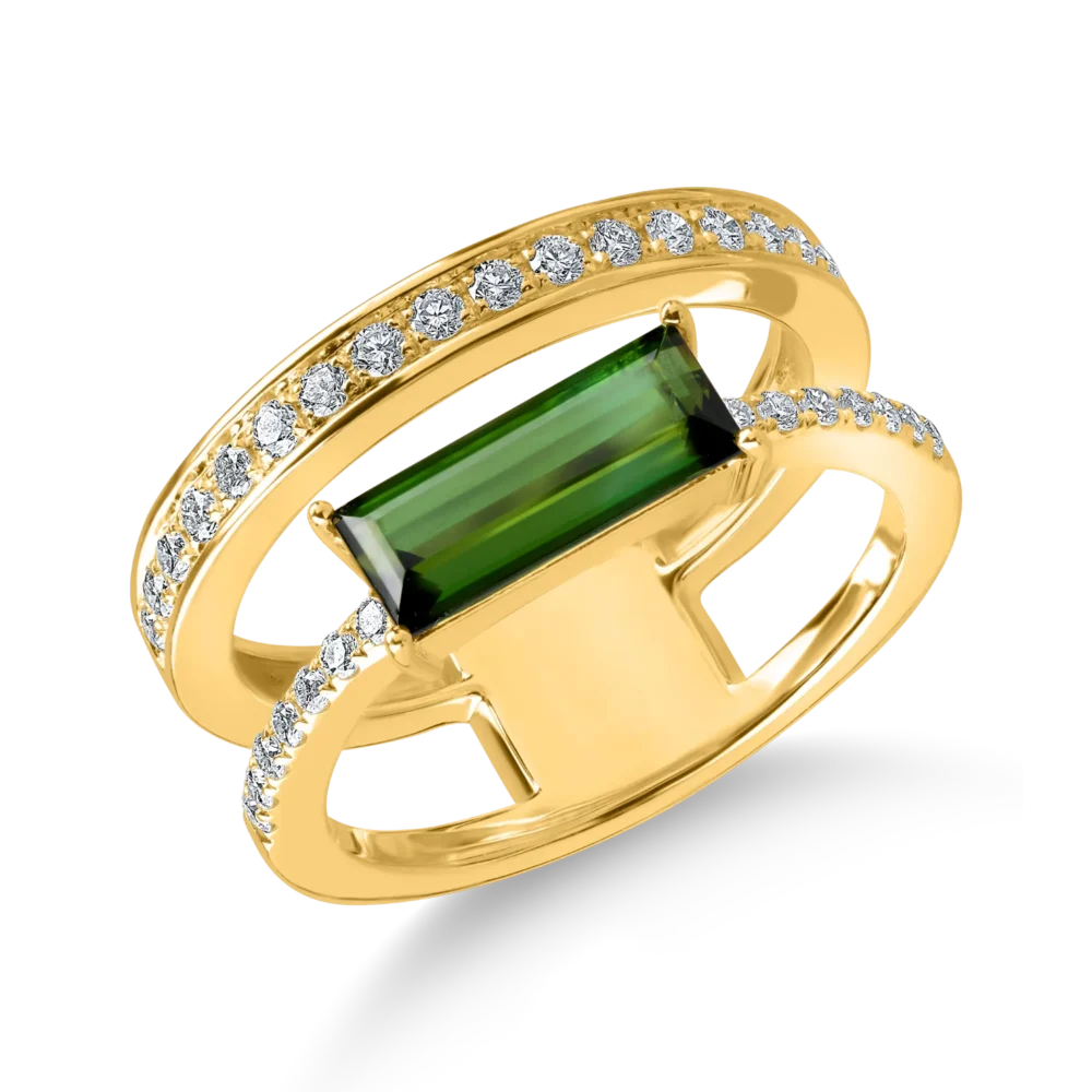 Inel dublu din aur galben cu turmalina verde rectangulara de 1.3ct si diamante de 0.3ct
