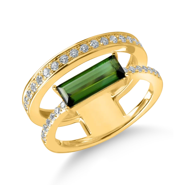Inel dublu din aur galben cu turmalina verde rectangulara de 1.3ct si diamante de 0.3ct