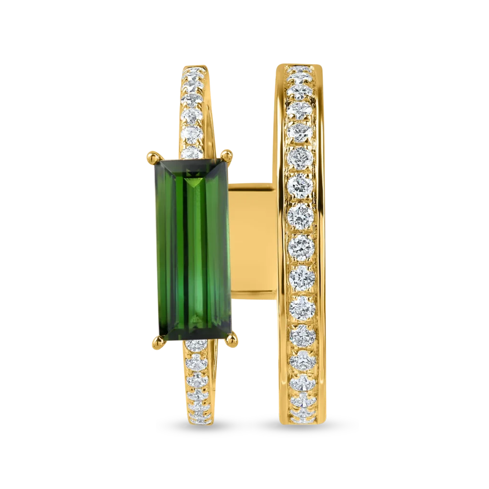 Inel dublu din aur galben cu turmalina verde rectangulara de 1.3ct si diamante de 0.3ct - imagine 2