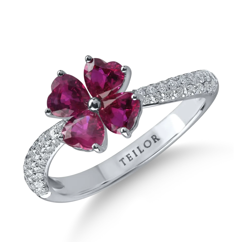 Inel floare din aur alb cu rubine heart si diamante de 1.5ct