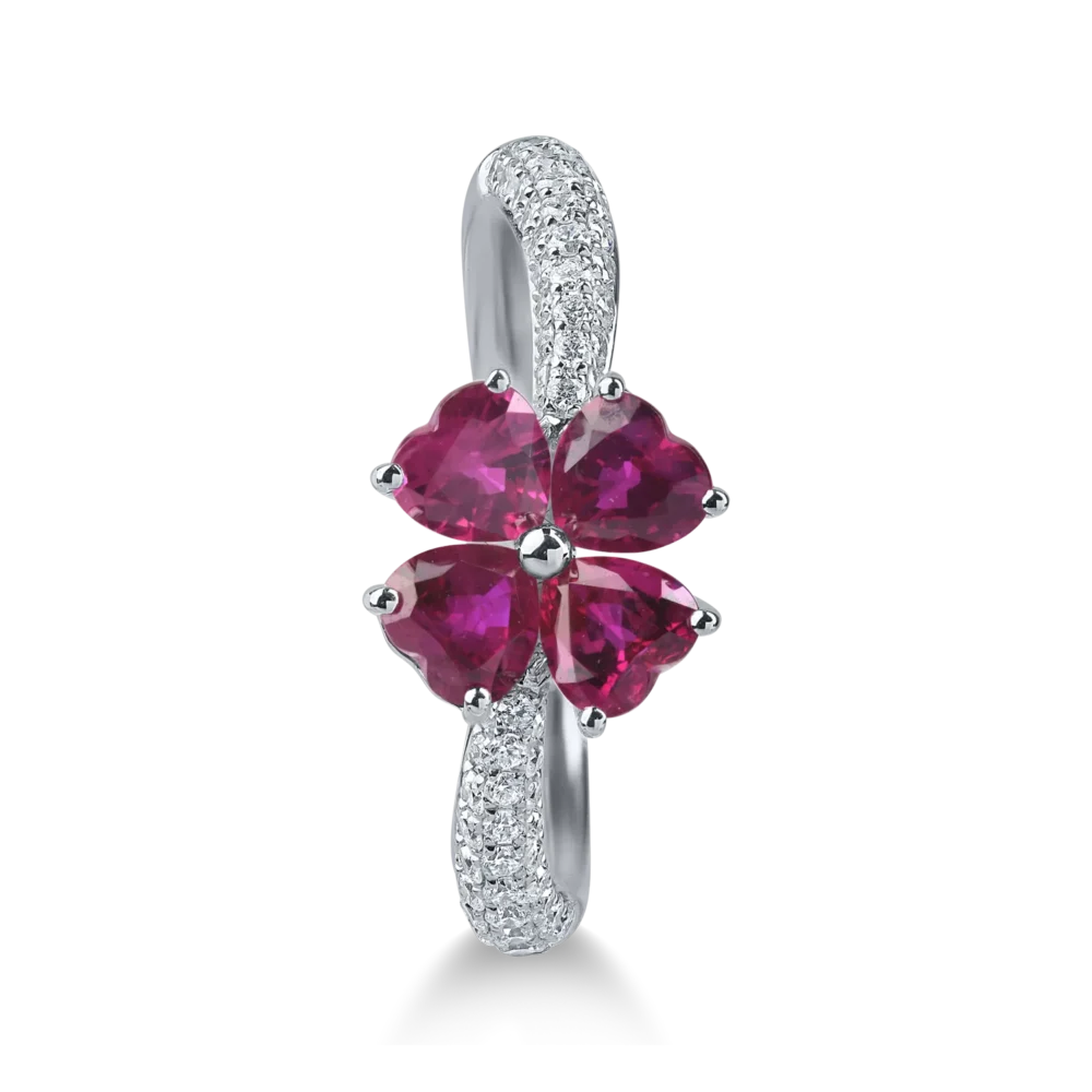Inel floare din aur alb cu rubine heart si diamante de 1.5ct - imagine 2