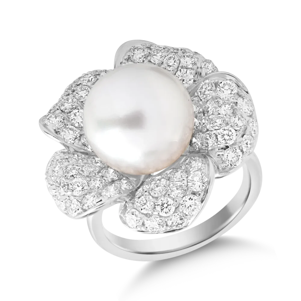 Inel floare din aur alb cu perla de cultura de 12.25ct si diamante de 2.99ct