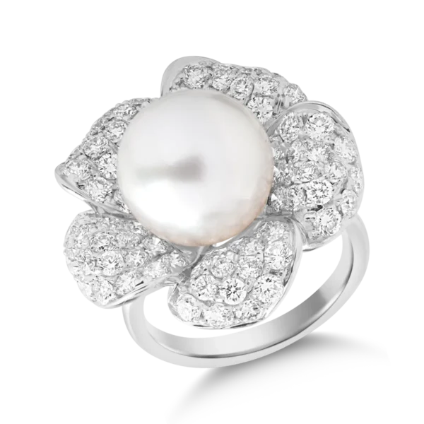 Inel floare din aur alb cu perla de cultura de 12.25ct si diamante de 2.99ct