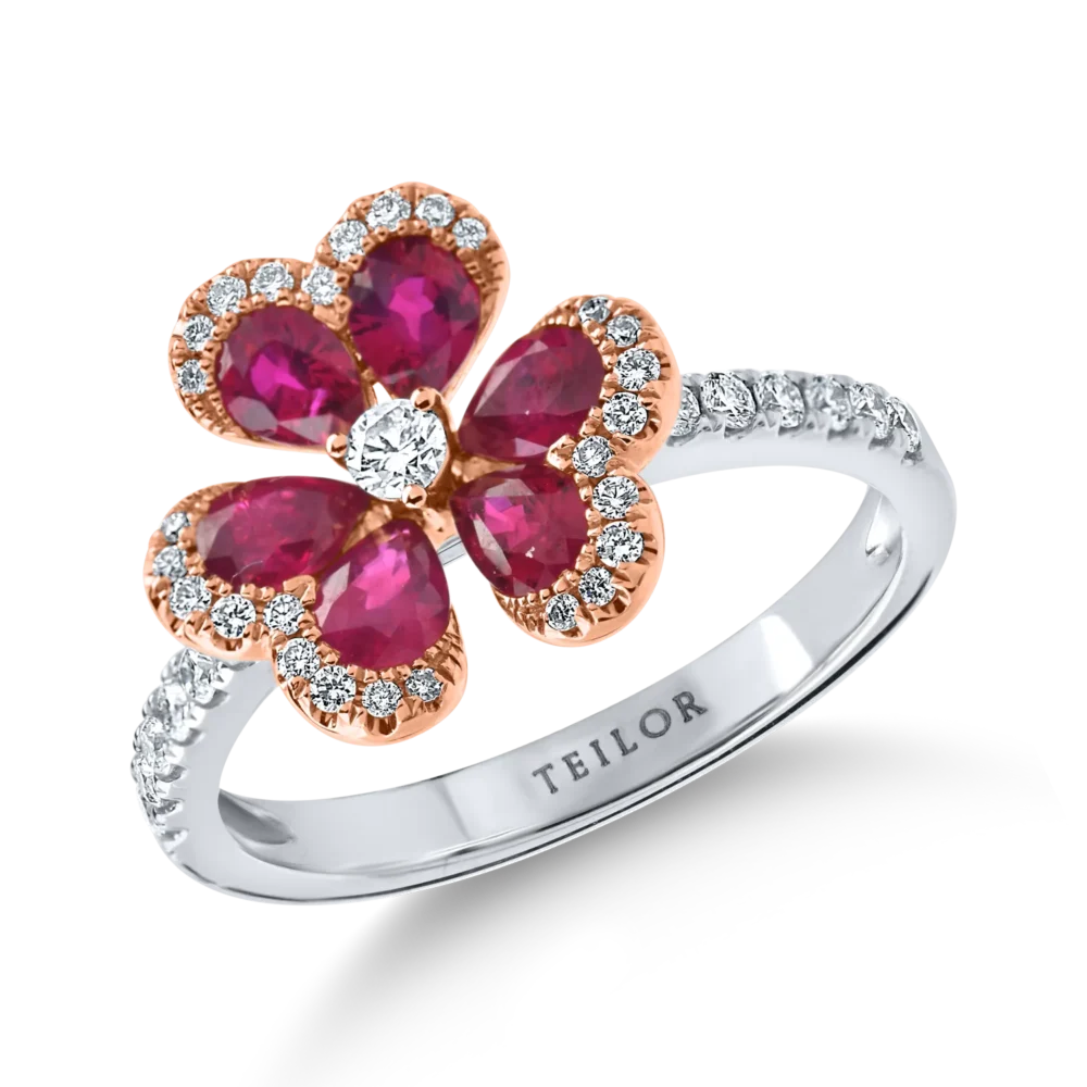 Inel floare din aur alb-roz cu rubine pear de 1ct si diamante de 0.3ct