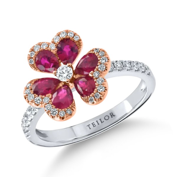 Inel floare din aur alb-roz cu rubine pear de 1ct si diamante de 0.3ct