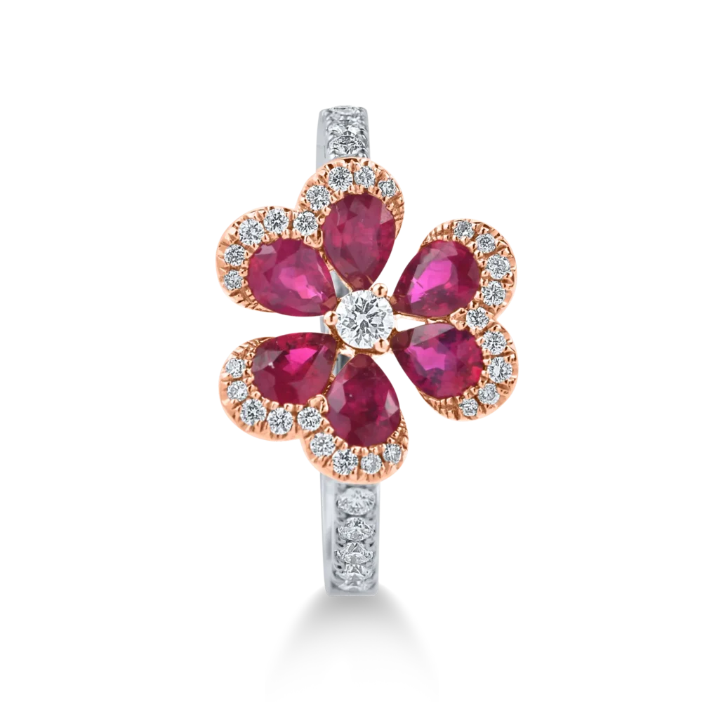 Inel floare din aur alb-roz cu rubine pear de 1ct si diamante de 0.3ct - imagine 2