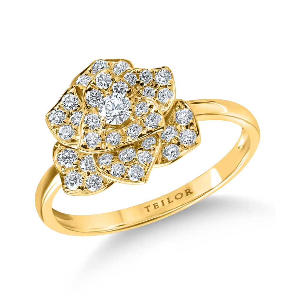 Inel floare din aur galben cu diamante de 0.4ct
