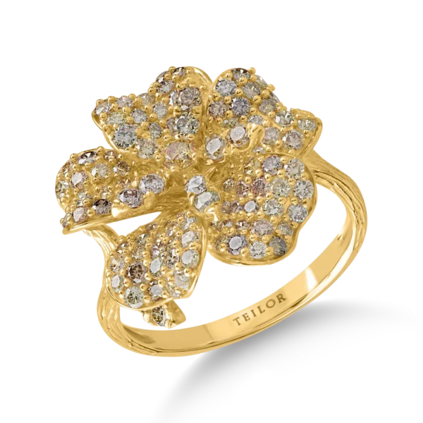 Inel floare din aur galben cu diamante multicolore de 1.57ct