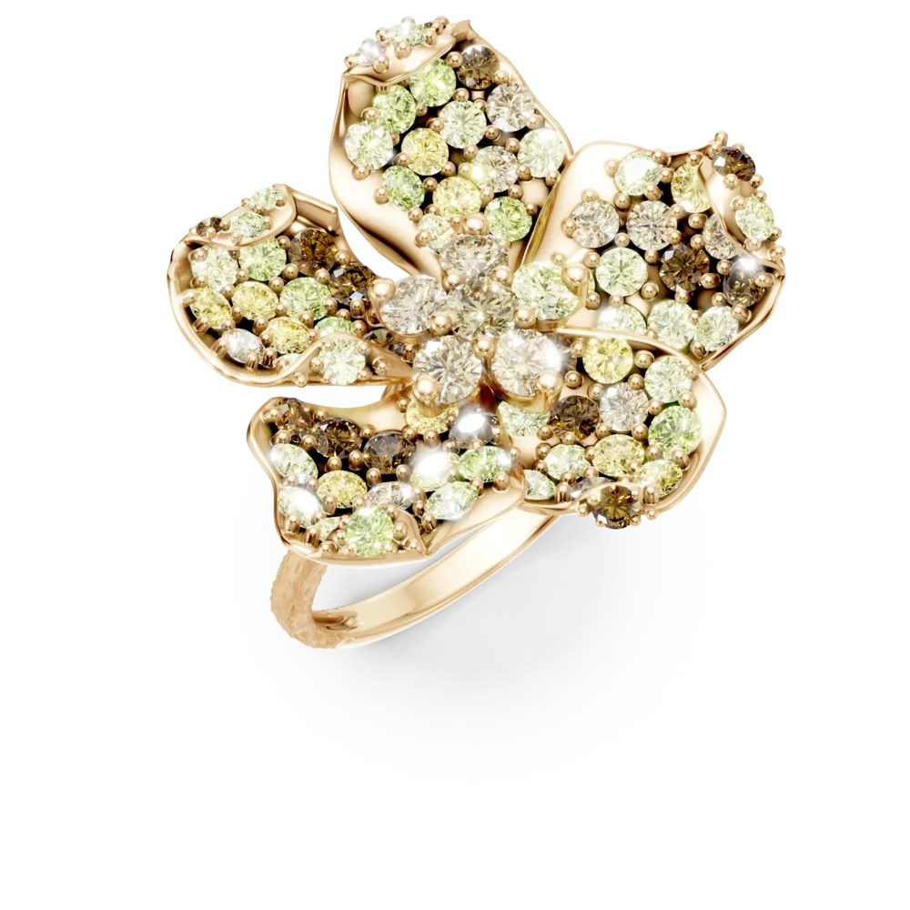 Inel floare din aur galben cu diamante multicolore de 2.6ct