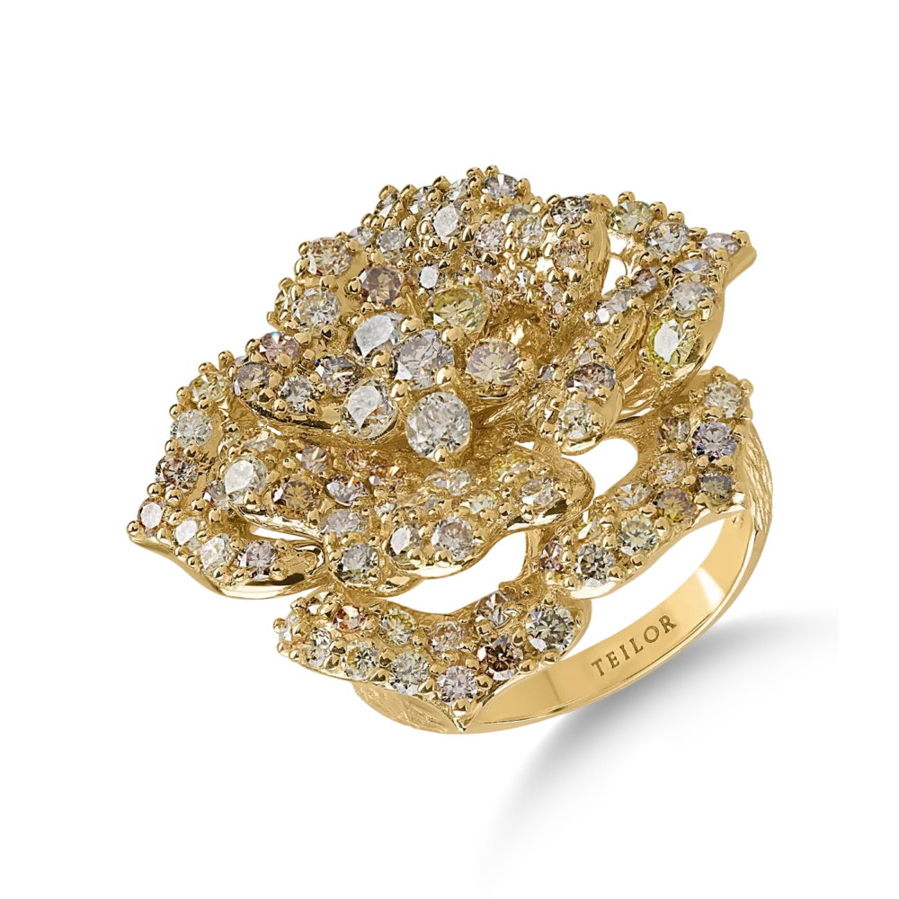 Inel floare din aur galben cu diamante multicolore de 3.33ct