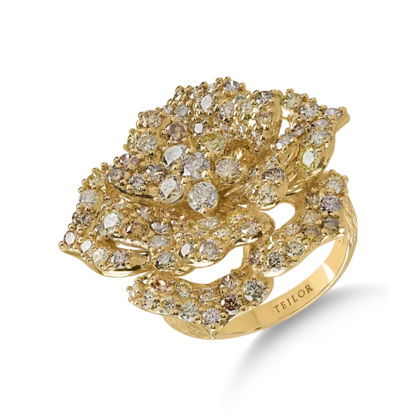 Inel floare din aur galben cu diamante multicolore de 3.33ct