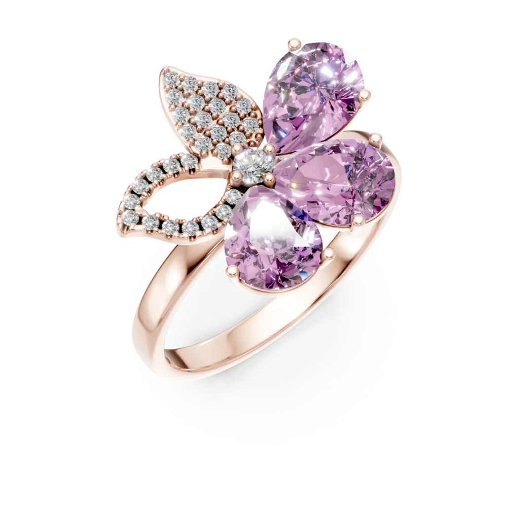 Inel floare din aur roz cu ametiste pear de 3.3ct si diamante de 0.2ct