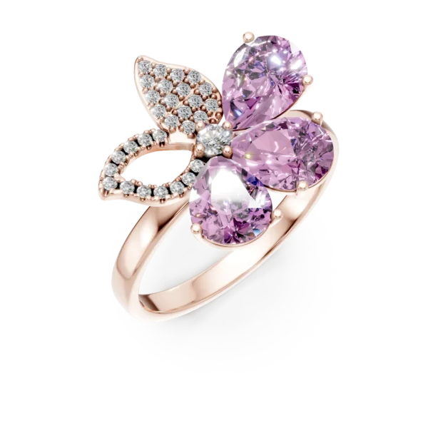 Inel floare din aur roz cu ametiste pear de 3.3ct si diamante de 0.2ct